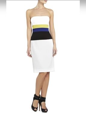 BCBGMaxAzria Strapless Colorblock Dress in Ivory, Navy & Olive